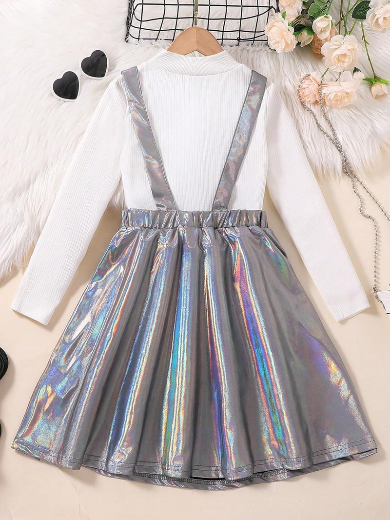 WDIRARA Girl's Metallic High Waist Overall Dress Holographic Suspender Party Flared Dresses - Image 4
